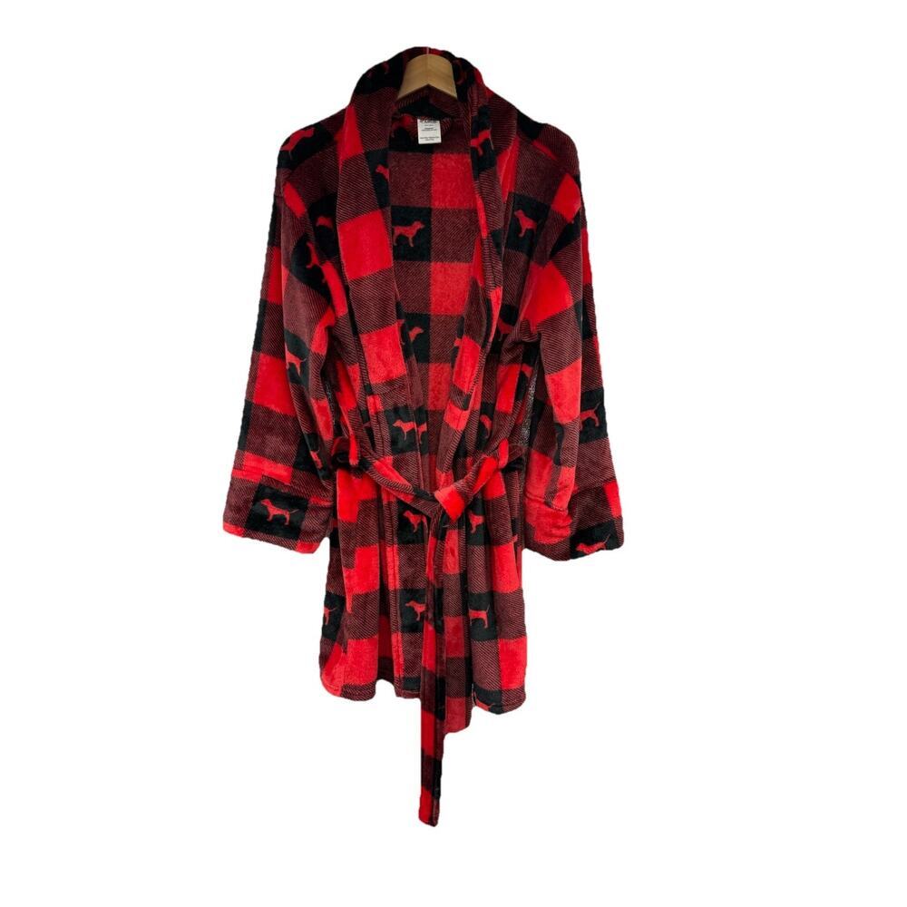 Victoria Secret PINK Bath Robe RED PLAID Fleece Plush M/L Women's Cozy Dog